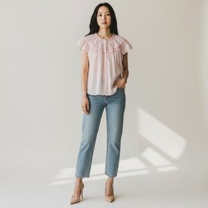 Madison Mathews Size M Cotton Flutter Sleeve Pink Smocked Boxy Button Up Blouse‎